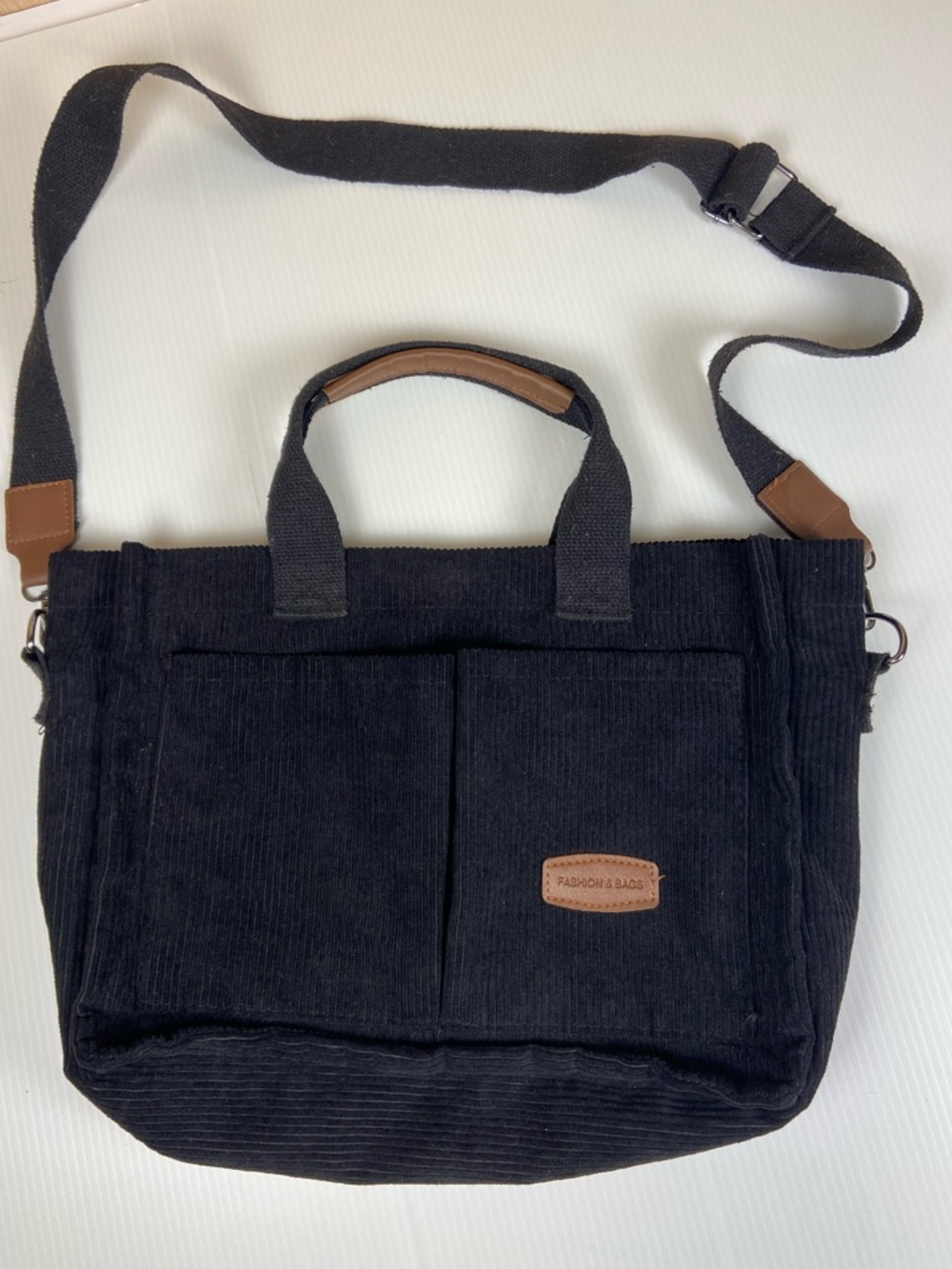 Black Corduroy Tote Bag Crossbody Strap Casual Multi Pocket Shoulder Bag